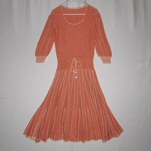 Vintage Lacy Knit Dress 14 Salmon Pleated 3/4 Drawstring Tassel Lined Feminine
